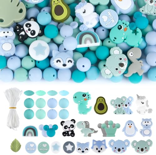 Artecreativa 128 pièces de perles en silicone 3D en forme d'animaux en cartoon, perles en silicone rondes de 15 mm, perles en silicone bleues et vertes, adaptées pour bracelets DIY, stylos et