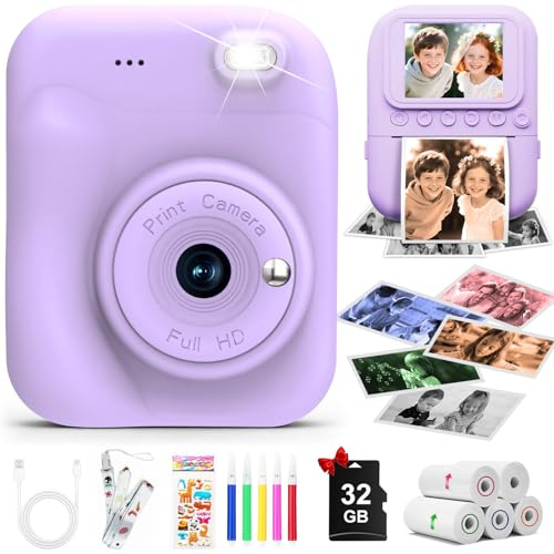 Kids Camera Instant Print Camera for Kids, Toddler Camera Toys for 3 4 5 6 7 8 Year Old Girls Boys Christmas Birthday Gifts, Kids Digital Camera Instant Print Color Photos 5 Rolls Paper 32GB,Purple