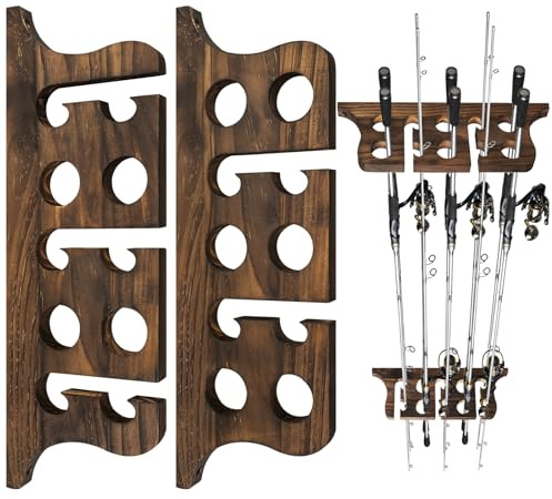 THKFISH 2 Stück 43x14.6 cm Wandhalterung für Angelruten hält 10 Ruten oder Combos, Rutenhalter Wand Angelrutenhalter aus Holz für Garage,Aufbewahrungsständer für Angelruten, Deckenstangen Rack