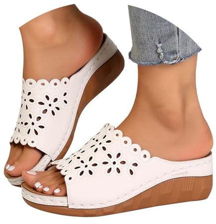Tofflor damer läder, tofflor damer sommar öppen platåsula tofflor tjock sula tofflor kilklack strandsko casual hustofflor slip on sandaler bohemiska sandaletter, Vit, 37 EU