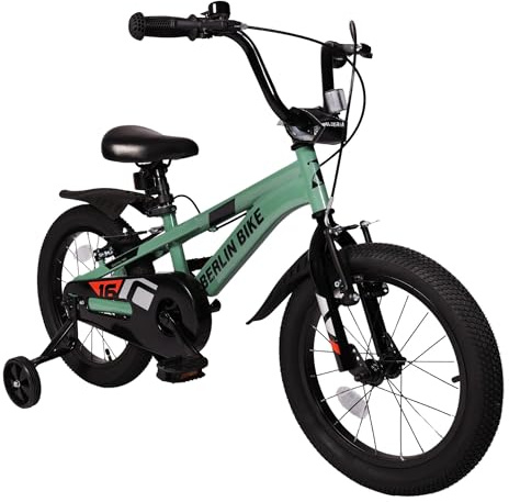 BERLIN BIKE Kinderfahrrad 16 Zoll mit Stützrädern, V Brake Bremsen und Klingel, Kinder Fahrrad für Jungen und Mädchen 4 bis 7 Jahre, mit Schutzblech vorne und hinten