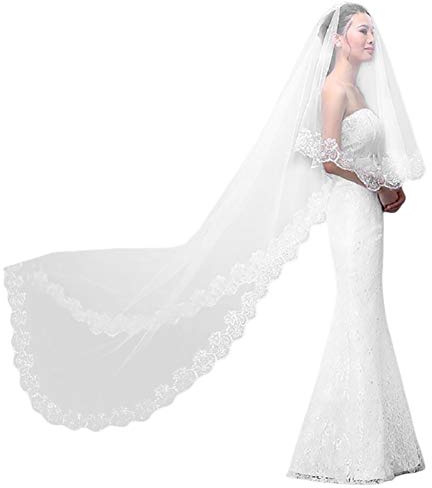 LONTG Brautschleier Extra lang mit Spitze Wedding veil weich 5m Schleier Hochzeit schön elegant passend Brautkleid Hochzeitsschleier 1 Schicht für Braut Frauen Hochzeit in Kathedrale