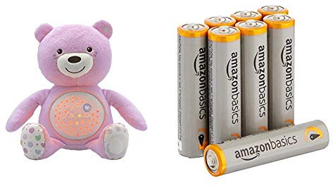 Chicco First Dreams Baby Bear Pink Musical Night Light Plush Teddy Toy & Amazon Basics AAA Performance Alkaline Batteries [Pack of 8] - Packaging May Vary