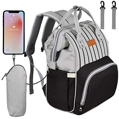 NEVEQ Babyblöjryggsäck, multifunktionell reseskötväska med USB, stor kapacitet med flera funktioner, gråsvart