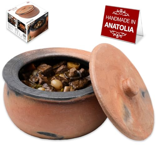 Hakan Efes Terracotta Cooking Pot with Lid, LARGE 4.4 Quarts Clay Pots for Cooking, Rice Pots, UNGLAZED Twice Baked Traditional Casserole for Cooking on STOVE Top, Vintage Roaster, 142 oz (4.2 L)