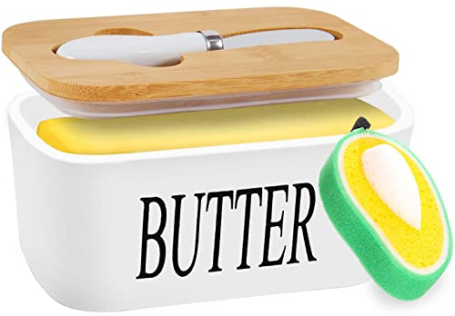 TWBEST Burriera in Ceramica,16.5 * 10 * 7.5cm Burriera con Coperchio+Spugna per la Pulizia,Kitchen Portaburro da frigo in Ceramica Bianca con Coperchio