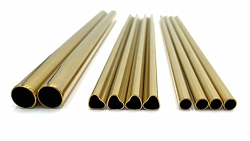 Dinora® Edelstahl Strohhalme - 13er Set - 4x runde ø6mm - 4x herzförmige ø8mm - 2 runde ø12mm - 2x Reinigungsbürsten - Samtbeutel - LFGB Laborgeprüft - Wiederverwendbar - Umweltfreundlich (Gold)