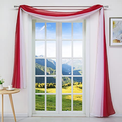 Joyswahl Voile Querbehang mit Topaktuelle Farbverlauf Design »Lowri« transparentes Freihanddeko Dekoschals Vorhang für Schlafzimmer Wohnzimmer Hochzeit Rot-Weiß BxH 140x500cm 1 Stück