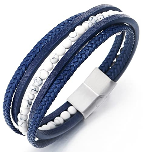 COOLSTEELANDBEYOND Multi-Strang Armband Edelsteine Wulst Kette Geflochtene Leder Schweißband Edelstahl Magnetverschluss