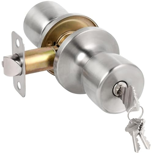 HOSOM Pomos de puerta con cerradura y llave, perilla de puerta de entrada con llave, cerradura de puerta exterior e interior para puerta delantera, área comercial y residencial, níquel satinado