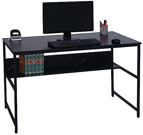 Mendler Schreibtisch HWC-K80, Bürotisch Computertisch Arbeitstisch Ablage, Metall MDF 120x60cm - Marmor-Optik schwarz