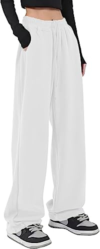 Kiench Pantalon de Survêtement Ample pour Ado Fille avec Poches et Cordon de Serrage en Coton FR 10-12 Ans, Blanc