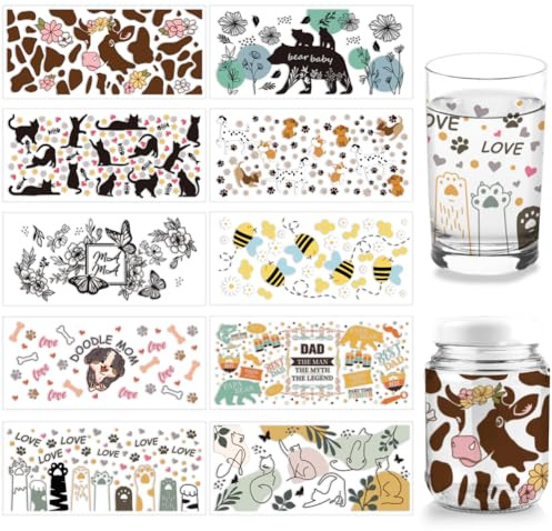 arricraft 10 Stück 10 Stile UV DTF Cup Wrap Transfer Aufkleber, Insekten-Tassen-Transferpapier Tiere Rub-On-Aufkleber Katze Hund Cup-Wrap-Aufkleber Wasserfeste Rub-Abziehbilder Für Bastelglas