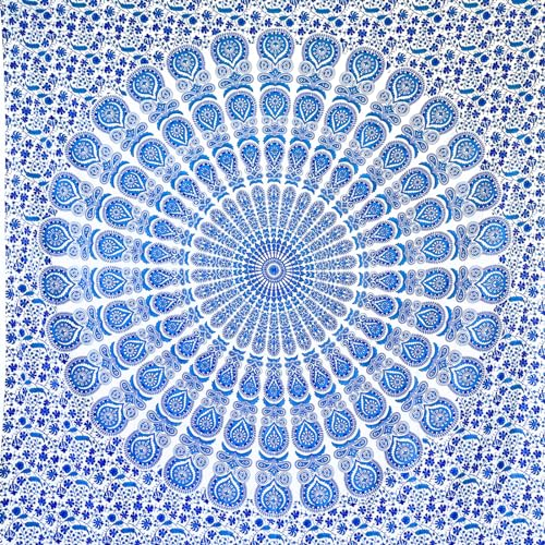 MOMOMUS Arazzo da Parete Mandala - Arte Murale Etnico - Arazzo Mandala da Parete e Telo Indiano per Yoga - Bianco-Blu, 210x230 cm