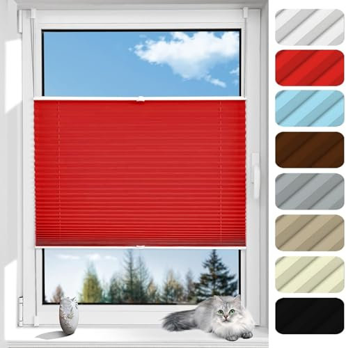 Plissee Klemmfix Plisseerollo ohne Bohren 70 x 130 cm Optimaler Sichtschutz und Sonnenschutz Jalousien Fenster für innen, Inkl Aller Montage-Teile, für Wohnzimmer Fenster&Tür, Rot