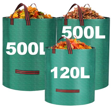 Heavy Duty Garden Waste Bags with Handles, Large Yard Bags Reusable Waterproof Garden Sack for Yards Waste, Plant waste grass and Leaves (500L*2+120L)