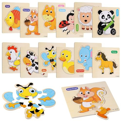 Huiguli 12 Piezas Puzzles de Madera Juguetes Bebes, Juguetes Educativos Montessori, Puzzles Animales Infantil 1 2 3 Año, Rompecabezas Madera para Regalo Cumpleaños Navidad