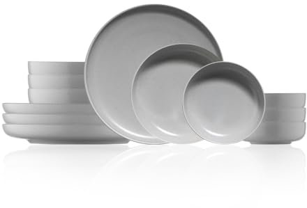 Kütahya Porselen Geschirr Set – 12-teiliges Tafelservice für 4 Personen aus hochwertigem Porzellan | Flachteller & tiefe Teller | Modern & spülmaschinenfest in Grau