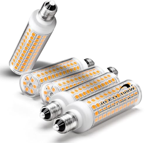 ALIDE E11 Led Bulbs,JDE11 120V 100W Halogen Candelabra Bulbs Equiva Dimmable,T3 T4 Mini Base JD E11 Bulb,2700K Warm White 10W 1000LM E11 for Chandeliers,Candelabra,Ceiling Fan, Table Lamps,5Pack