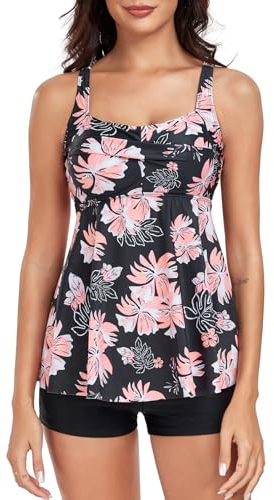 FLYILY Women 2 Pieces Tankini Sets Twist Front Tankini Top with Boyshorts Tummy Control Swimwear Floral Bathing Suit(BlackFlower,L)