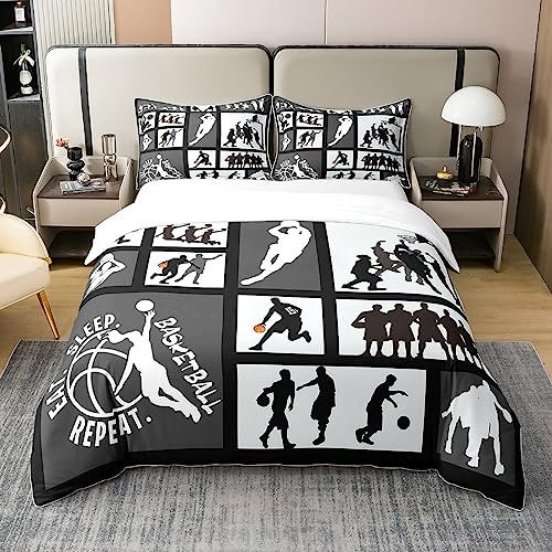 Homemissing Décor de Basket 100% Coton Housse de Couette, Jeu de Chambre Sport literie, Jeu de Balle Parure de lit Noir et Blanc, 140x200cm