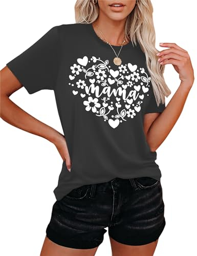 Mama Tshirt Damen T-Shirts Mit Niedlichem Mama-Druck Frauen Mutti Herz Kleidung Oberteil (Grau1,S)