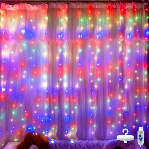 Ollny 2x2m 200 LED Lichtervorhang innen mit USB 8 Modi Bunt | Lichterkette Vorhang Fenster mit 10 Haken, für außen, Ramadan, Deko, Hochzeit, Party, Wand und Balkon kein Stecker