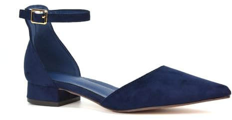 ESSEX GLAM Women's Low Heel Point Toe Ankle Strap Court Shoes Ladies Navy Faux Suede Wedding Dress Flat Pumps Size 6