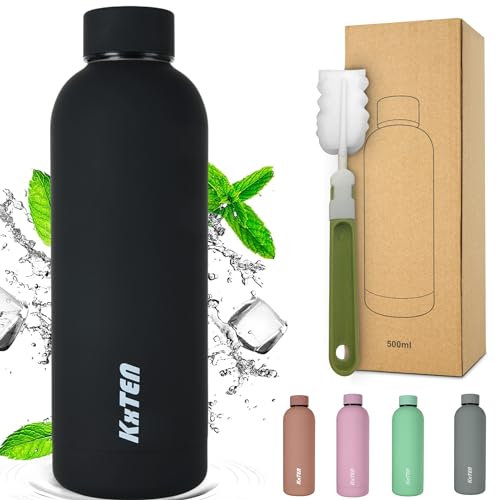 KxTEN Edelstahl Trinkflasche 750ml mit Flaschenbürste | Gummiisoliert | auslaufsichere Thermosflasche | Kohlensäure geeignet | isolierte Wasserflasche für Sport, Büro & Freizeit (Schwarz, 750ml)