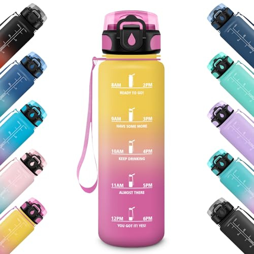 HoneyHolly Botella Agua Gimnasio 500ml, Reutilizable, Botella de Agua, Prueba de Fugas, Marcador de Tiempo Deportiva, Cantimplora, para Fitness Oficina Escuela Yoga, Gym