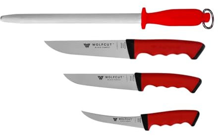 Wolfcut SoftGrip RED-Serie - Metzgermesser-Set 4-tlg. - Ausbeinmesser 15 cm, Stechmesser 17 cm, Fleischermesser 19 cm, Wetzstahl oval