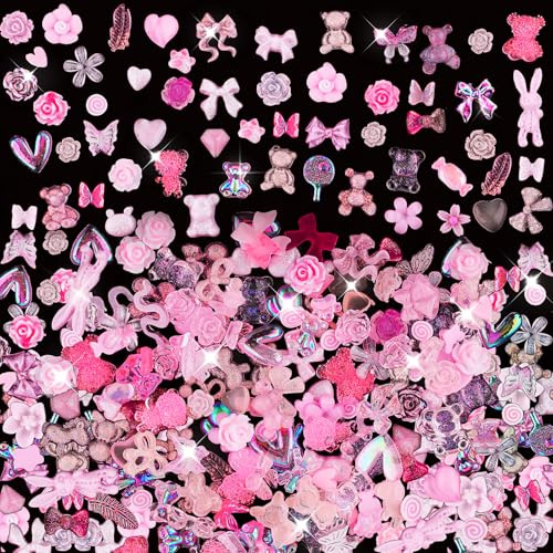 200 pcs Nail Charms Pink Mixture Nail Accessories Supplies Bow Charms for Nails DIY Art Decoration Making Craft