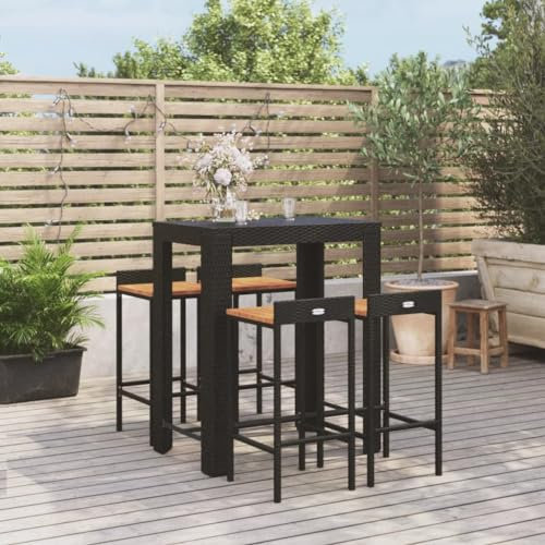 Lauuoeriau Gartenmöbel-Set, 5-teilig, schwarzes Polyrattan und Akazienholz