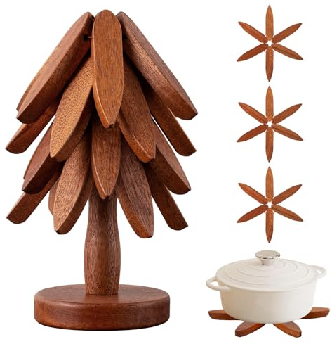 Vertdens Wooden Trivets for Hot Dishes, Hot Dish Coaster with Tree-Shaped Wood Collapsible Hot Pad Trivet Tree for Restaurant, 4 Wooden Trivet + 1 Stand（Walnut Wood）