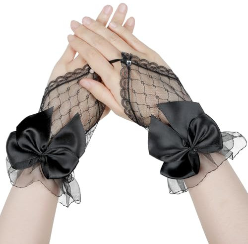 Spitze Handschuhe Damen Fingerlose Netzhandschuhe Schwarz Kurze Schleife Hochzeit Handschuhe Halloween Teeparty Cosplay Beerdigung Maskerade Fingerless Spitzenhandschuhe für Mädchen