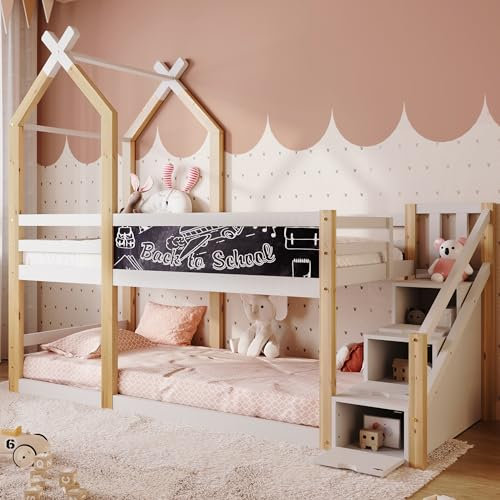ANIROY Kinderbett Baumhaus inkl. Tafel Bett mit Speicherung und Rausfallschutz, Hochbett für Kinder, 2X Lattenrost, Natur & Weiß, 90 x 200 cm, (ohne Matratze)