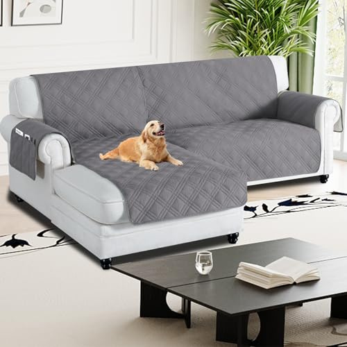 H.Versailtex 100% wasserdichte Couchbezüge für Sektionalsofa, 2-teilig, rutschfest, Ecksofabezug, Sektionalcouchbezug, L-förmig, für Hunde (linke Chaiselongue + 2-Sitzer-Sofabezug, Grau)
