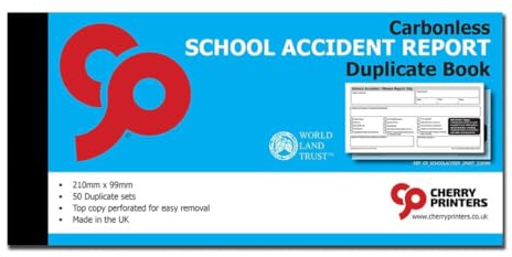 Cherry Printers Carbonless School Accident Report Duplicate Book GDPR | 99mm x 210mm | 50 2part Sets | Both Copies Perforated | Ideal for Schools, Nurseries & Childcare Providers **50 Pack**