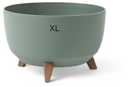 MELTOM Blumentopf mit Füßen Ø 47 cm Grün Übertopf mit Drainageboden | Kunststoff matt, Füße in Holzoptik, Höhe 26,5 cm, Standfläche Ø 32,5 cm, fester Zwischenboden, Gummistopfen zum Ablassen