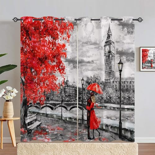 ANHOPE Ölgemälde London Big Ben Rot Baum Gardinen Blickdichte Thermo Vorhänge mit Ösen Kinder Mädchen Vorhang Blackout Curtain Wohnzimmer Schlafzimmer Verdunklungsvorhänge 2er Set H 220 x B 140 cm