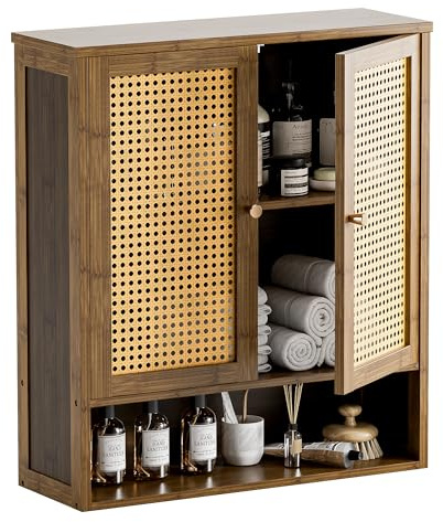 HITNET Armario Baño Pared en Ratán, Mueble Colgante de Bambú, Gabinete de Almacenamiento Suspendido con Doble Puerta y Estantes Ajustables, para Salón, Pasillo y Cocina, Color Nogal