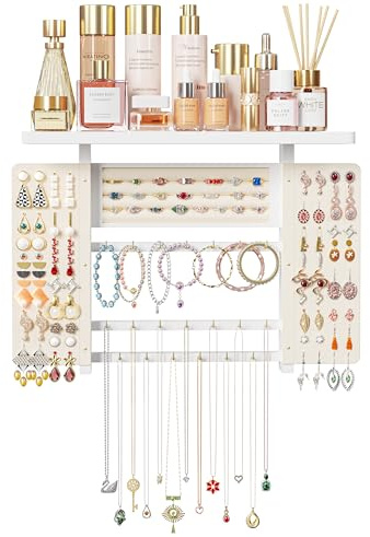 Emfogoo Hanging Jewellery Organiser, Wall Jewellery Organiser with Wood Shelf, Large Capacity Jewellery Stand Storage & Display For Necklaces Bracelet Earrings Ring (White)