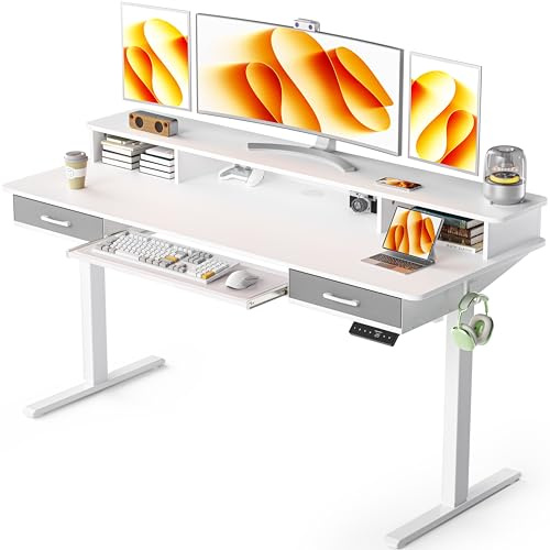 WALKINGDESK Höhenverstellbarer Schreibtisch 160 x 60 cm, Weiß | Elektrischer Stehschreibtisch mit Tastaturablage, 2 Schubladen, Computertisch mit Monitorständer für Homeoffice