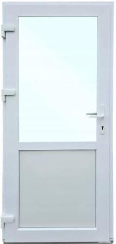 Haustür Kunststoff 90x200 cm DIN Links | Nebeneingangstür mit Sicherheitsverglasung | Kellertür Komplettset für Shop, Garage, Haus | Eingangstür mit 4-Punkt-Schloss und Zubehör | Weiß