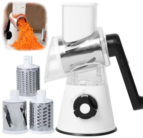 Pmueuff Grattugia Formaggio a Manovella, Gratta Formaggio per Verdure Manuale con 3 Lame a Tamburo Grattugia Rotativa Tagliaverdure Multifunzionale per affettare e Grattugiare Verdure e Formaggio