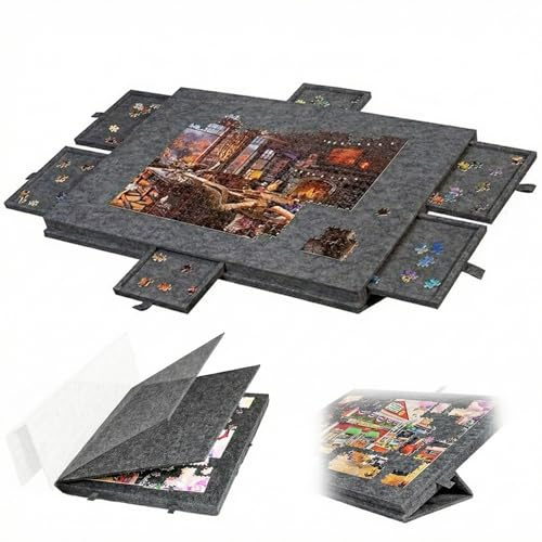 Jigsaw Puzzle Table for 1000 Pieces with 6 Drawers,Tilting Puzzle Board | with Cover & Stand,Large Puzzle Organizer Storage Box for Adults,Ergonomic Anti-Slip Felt Surface,Dark Grey,77x53.6x4.2cm