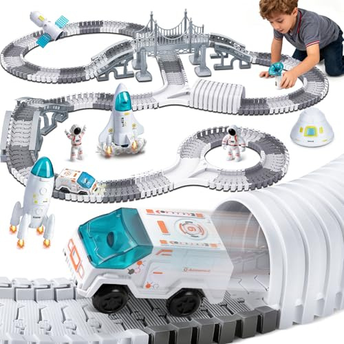 Charmofun Circuit Voiture Enfant Espace, Jouets Piste de Course avec Voiture Électriques et Fusée, Flexibles Piste de Course Construction Jeu Cadeau pour Garçon Fille 3+ Ans (Espace)