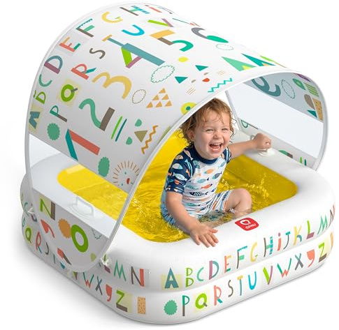 QPAU Piscine Gonflable Portable pour Bébé avec Pare-Soleil Amovible 35 x 10, Pataugeoire Enfant & Piscine à Balles 3 en 1, Fond Rembourré, Poignées, Jardin/Intérieur, 1-3 Ans, Jaune