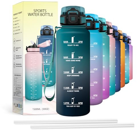 JAPORIA Borraccia 1.5L, Bottiglia Motivazionale con Cannuccia, Indicatore Tempo, Antigoccia, Riutilizzabile, per Palestra, Campeggio, Lavoro