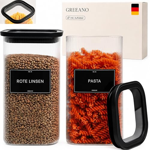 Greeano Riffel Vorratsgläser eckig mit Glasdeckel 1500ml [2er Set] | luftdicht & mottensicher | Vorratsdosen Glas | Aufbewahrungsgläser Küche für Lebensmittel, Nudeln, Mehl, Müsli, Kaffee